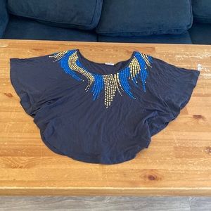 Embellished Black Top with Blue and Gold Accents